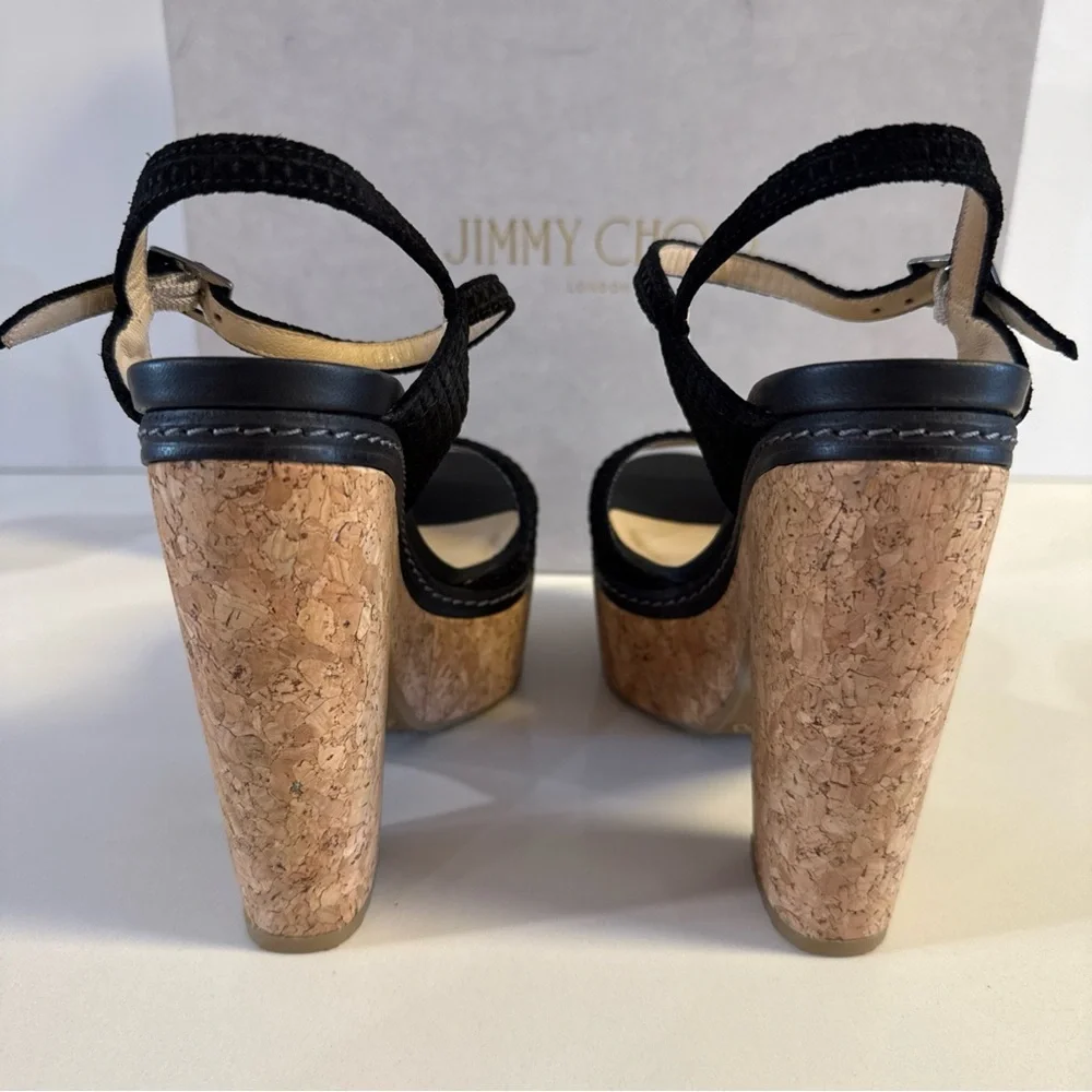 Jimmy Choo Naylor 135 Platform Sandals Black Suede Cork Block Size 38.5…